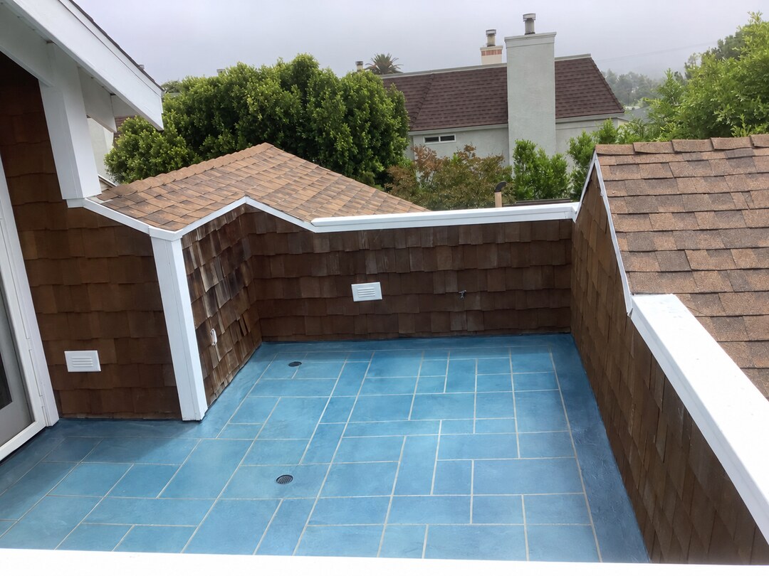 Blue tile layout completed by California Decking & Waterproofing